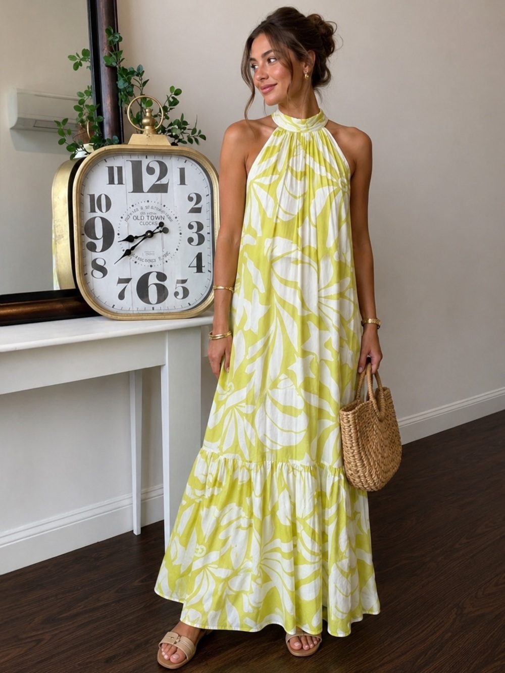Cynthia Steffe Floral Halter Maxi Dress L White Lime Green Tropical Resort Dress
